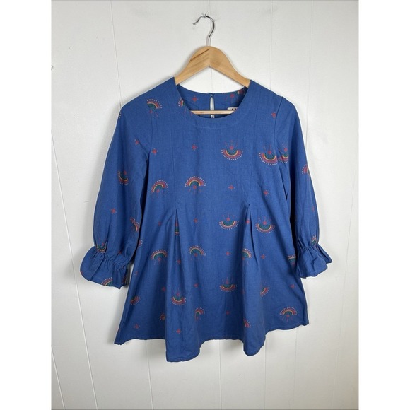 FabIndia Women's XS Tunic Top‎ Linen Blend Blue Rainbow Pattern Blouse EUC - Picture 3 of 14